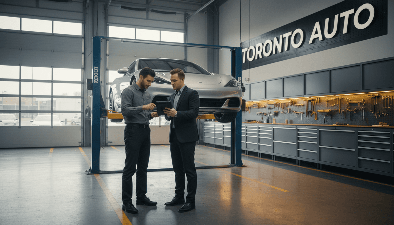 Mechanic explaining car maintenance to owner in a Toronto auto shop