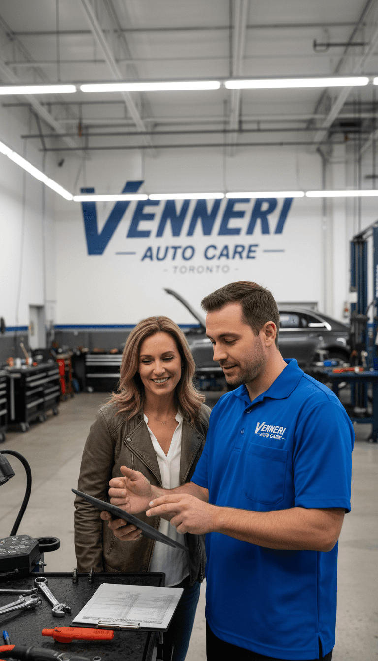 Mechanic reviewing a vehicle inspection checklist with a customer