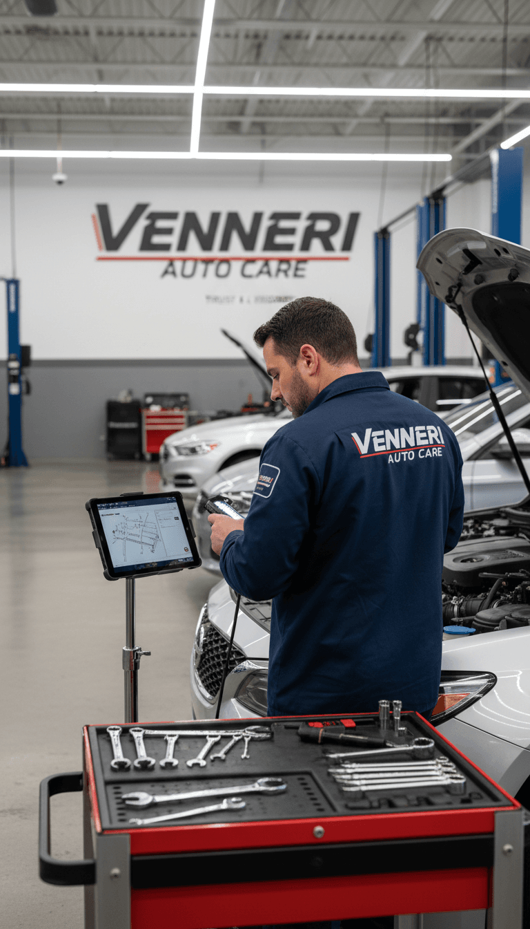 Technician inspecting an engine bay in a Toronto auto shop
