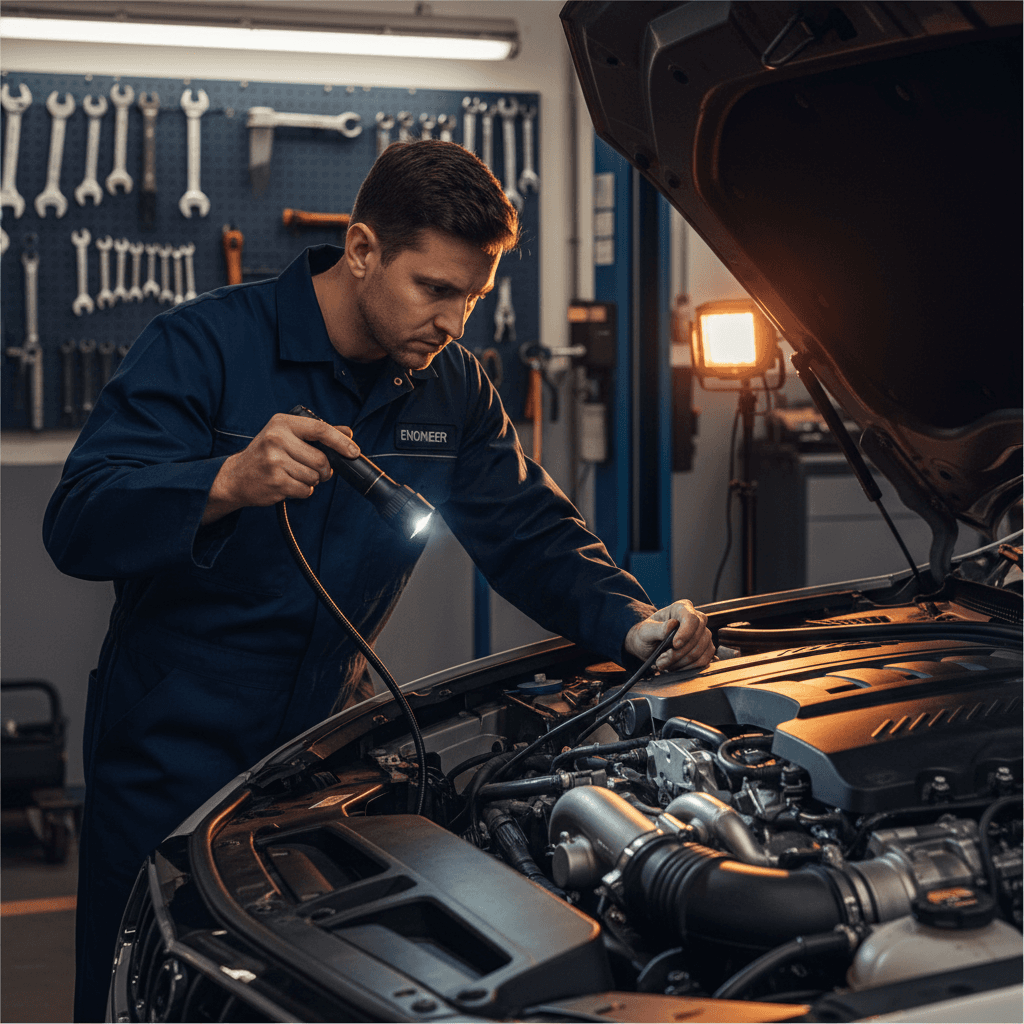 Technician in uniform performing detailed engine inspection using flashlight in open vehicle engine bay