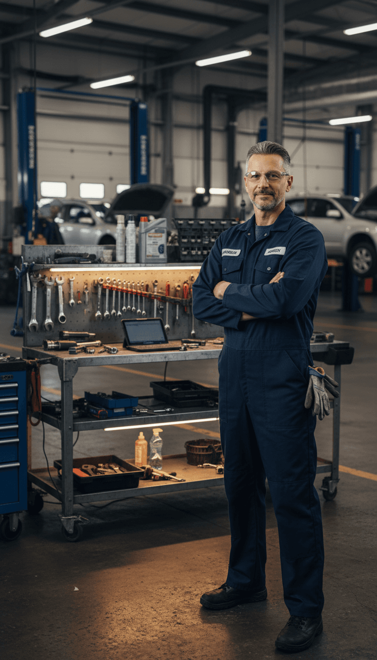 Professional mechanic standing confidently in work uniform inside automotive repair shop garage