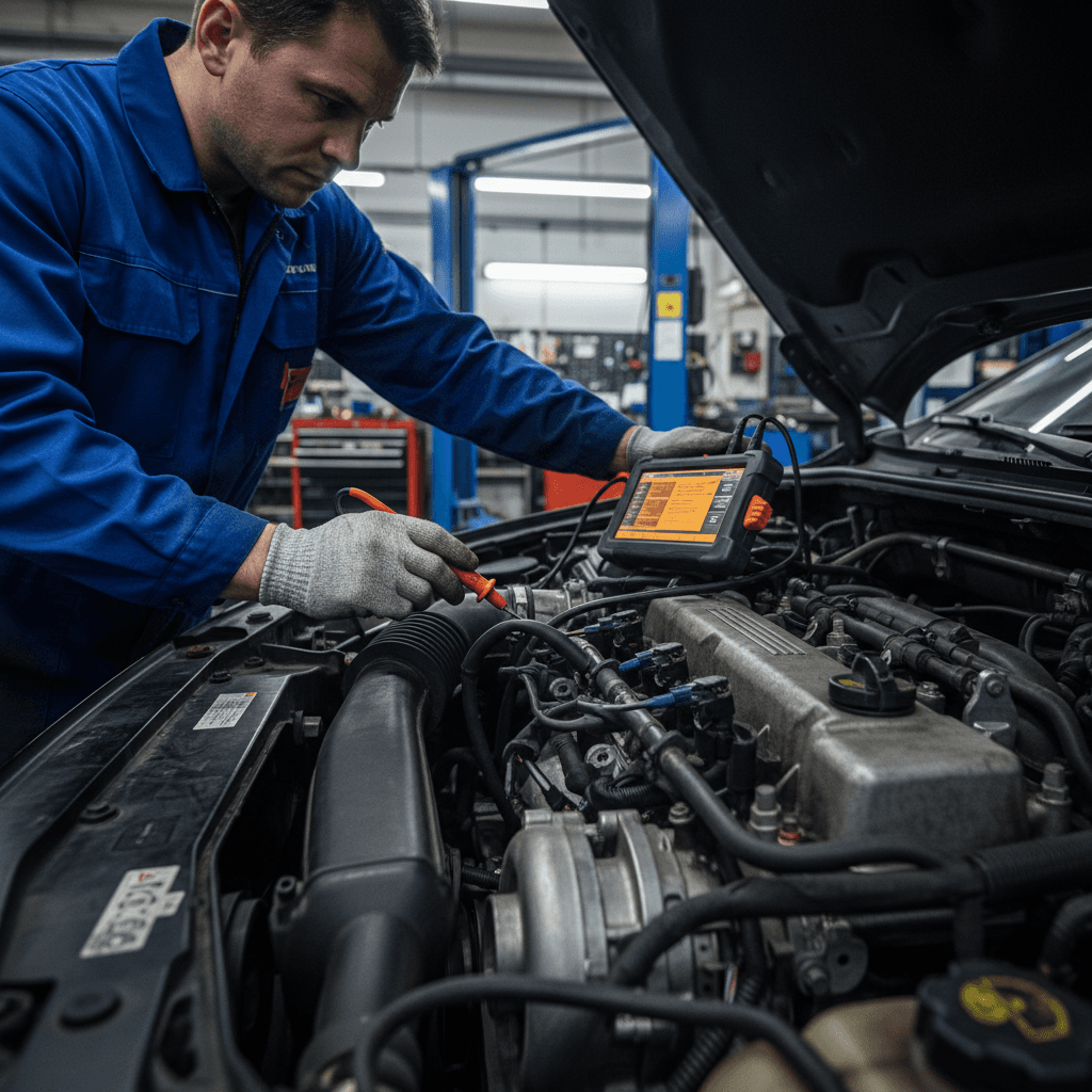 Technician inspecting an engine bay in a Toronto auto shop